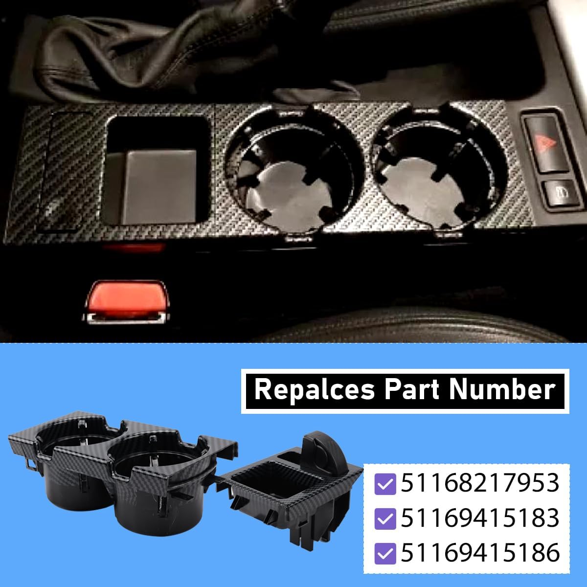 Cup Holder with Coin Holder fit for 1998-2006 BMW E46 3 Series 318i 320i 323i 325i 328i 330i Front Center Console drinks holder Replacement OE# 51168217953 51169415183 51169415186 (Black Carbon Fiber)