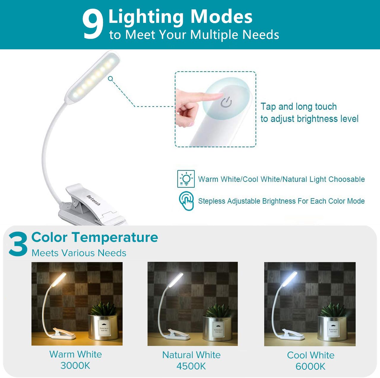 9 LED Book Light, USB Rechargeable Reading Light, Stepless Dimming -3 Colortemperature × 3 Brightness, Power Indicator, for Bookworms, Kids & Travel (White)