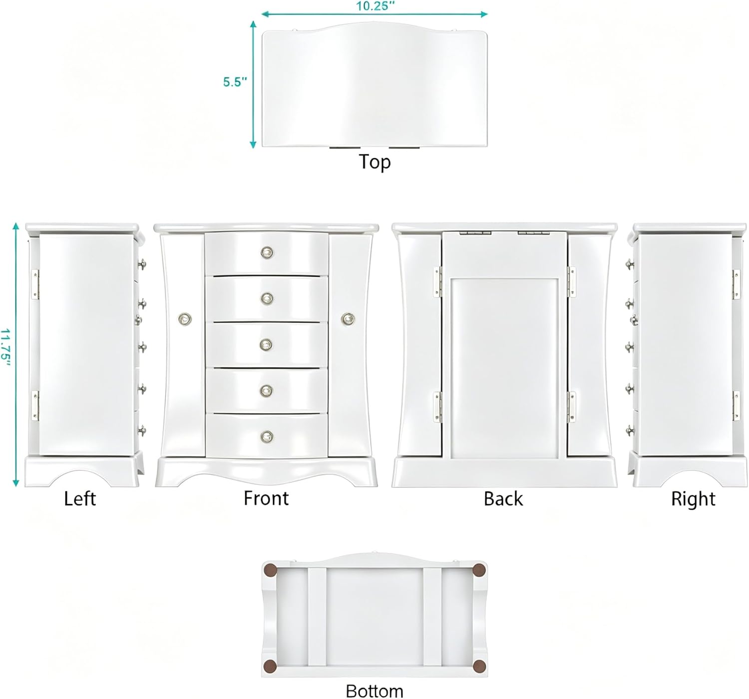 RR ROUND RICH DESIGN Solid Wood Jewelry Box - Large Organizer with 4 Drawers, Built-in Necklace Carousel & Large Mirror, White