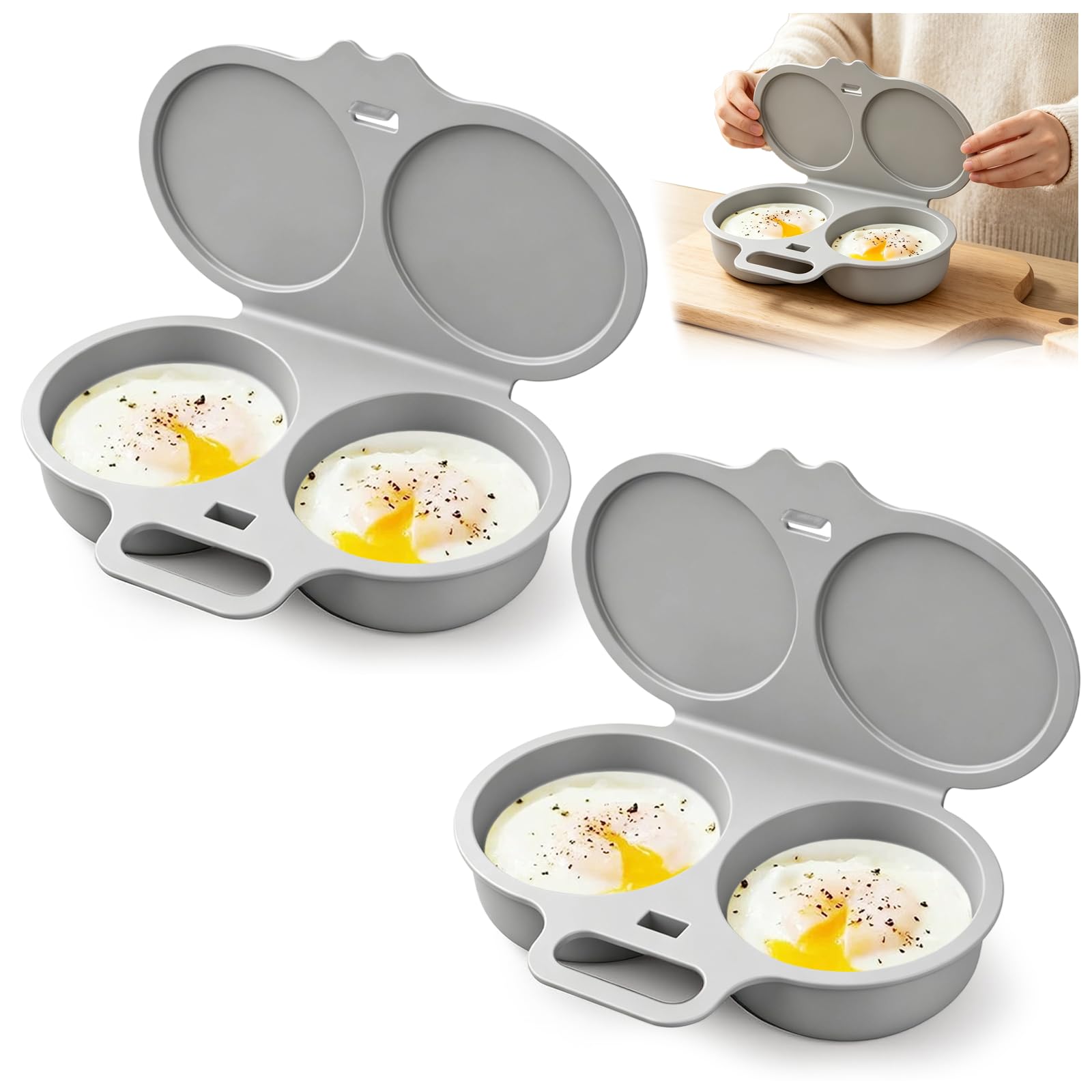 2PCS Black Microwave 2 Cavity Egg Poacher, Non-Stick with Lid & Handle