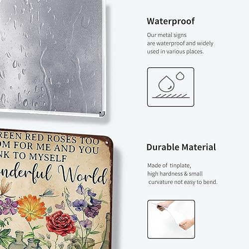 Miniatura 2 de YOYI ART Letrero de estaño de libélula y flores, Qué mundo maravilloso veo árboles de verde rosas rojas también, divertidos letreros de jardín para