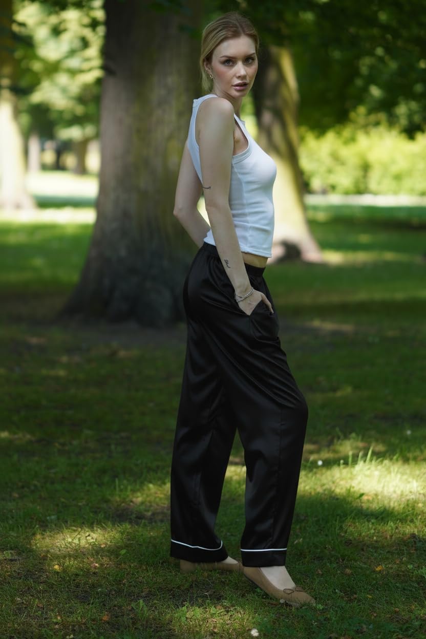 Ekouaer 2 Pack Women Silk Satin Pajamas Pants Lounge Pants Loose Elastic Waist Pj Bottoms with Pockets - Image 3