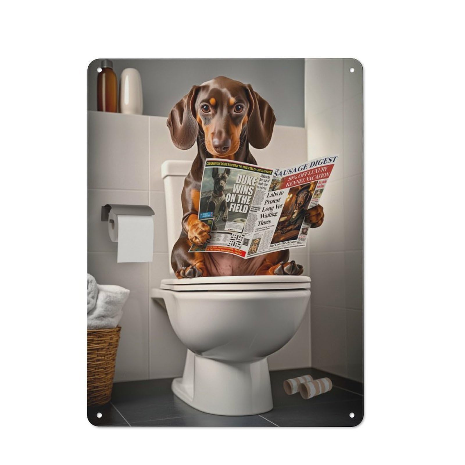 Dachshund Reading Newspaper on Toilet Retro-style Metal Plaque 40x30cm for Garage Or Workshop, for Garage, Workshop And Man Cave Decoration