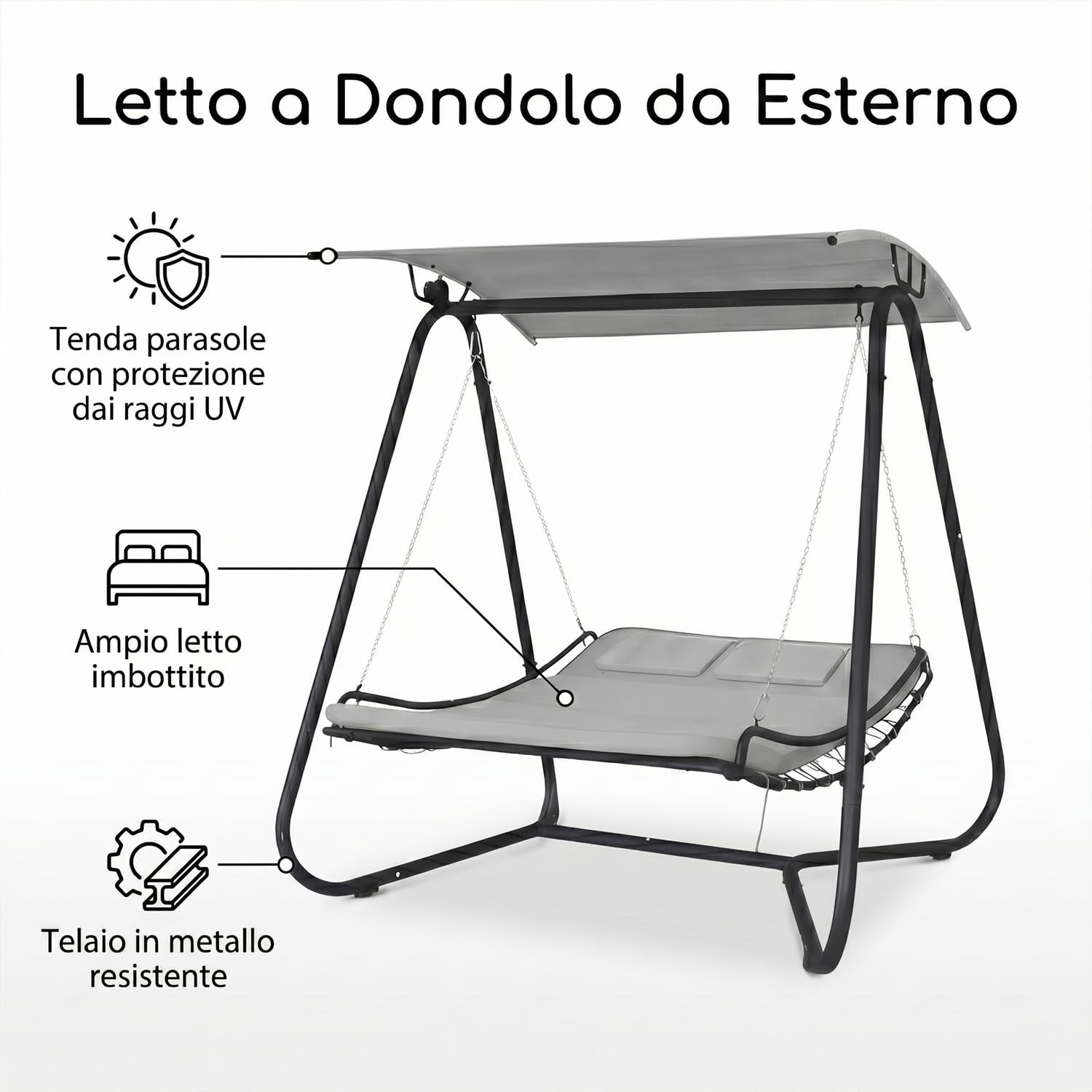 Marvin Dondolo Amaca Letto 2 Posti da Giardino con Tetto Parasole Struttura in Acciaio Seduta Imbottita in Textilene per Terrazzo Patio e Piscina (GRIGIO/GRIGIO)
