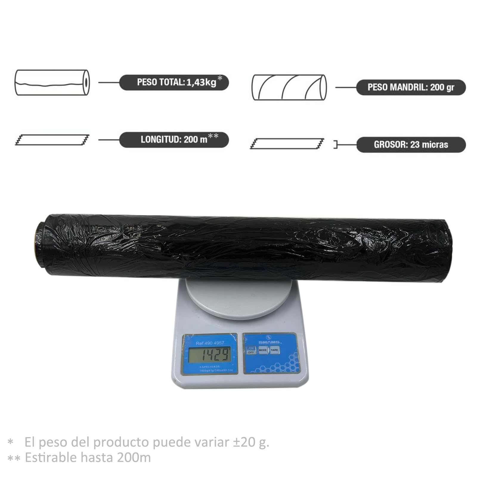 HIBRON Film Estirable Negro, 50 cm de Anchura, 23 Micras de Espesor, Estirable hasta 200m Largo, Autoadherente, Alta Flexibilidad, Muy Resistente. (2 Rollos)