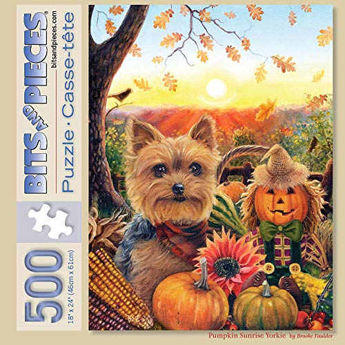 Bits and Pieces – Rompecabezas de 500 piezas para adultos – Amanecer de calabaza Yorkie - Perro cachorro Otoño maíz espantapájaros, diseño de la artista Brooke Faulder, tamaño final 18" x 24" miniatura 1
