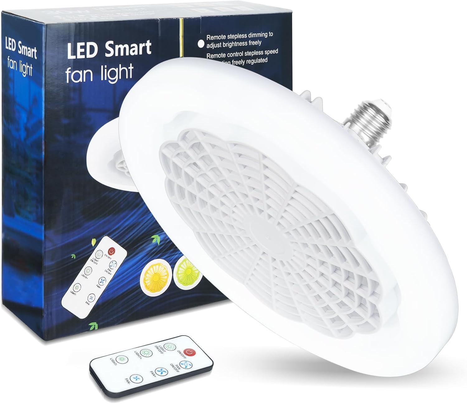 DGO Socket Fan Light with Remote, Enclosed Screw in Bladeless Mini Ceiling Fan 8.86 in Dimmable for Kitchen Bedroom Washroom Laundry Room Small Spaces Circulating Air (White)