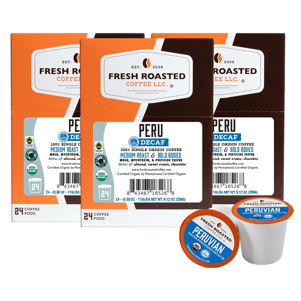 Fresh Roasted Coffee, Organic Peru Water-Processed Decaf K-Cup Pods for Keurig Brewers, Medium Roast, USDA Organic, 3rd Party Tested for Mold,