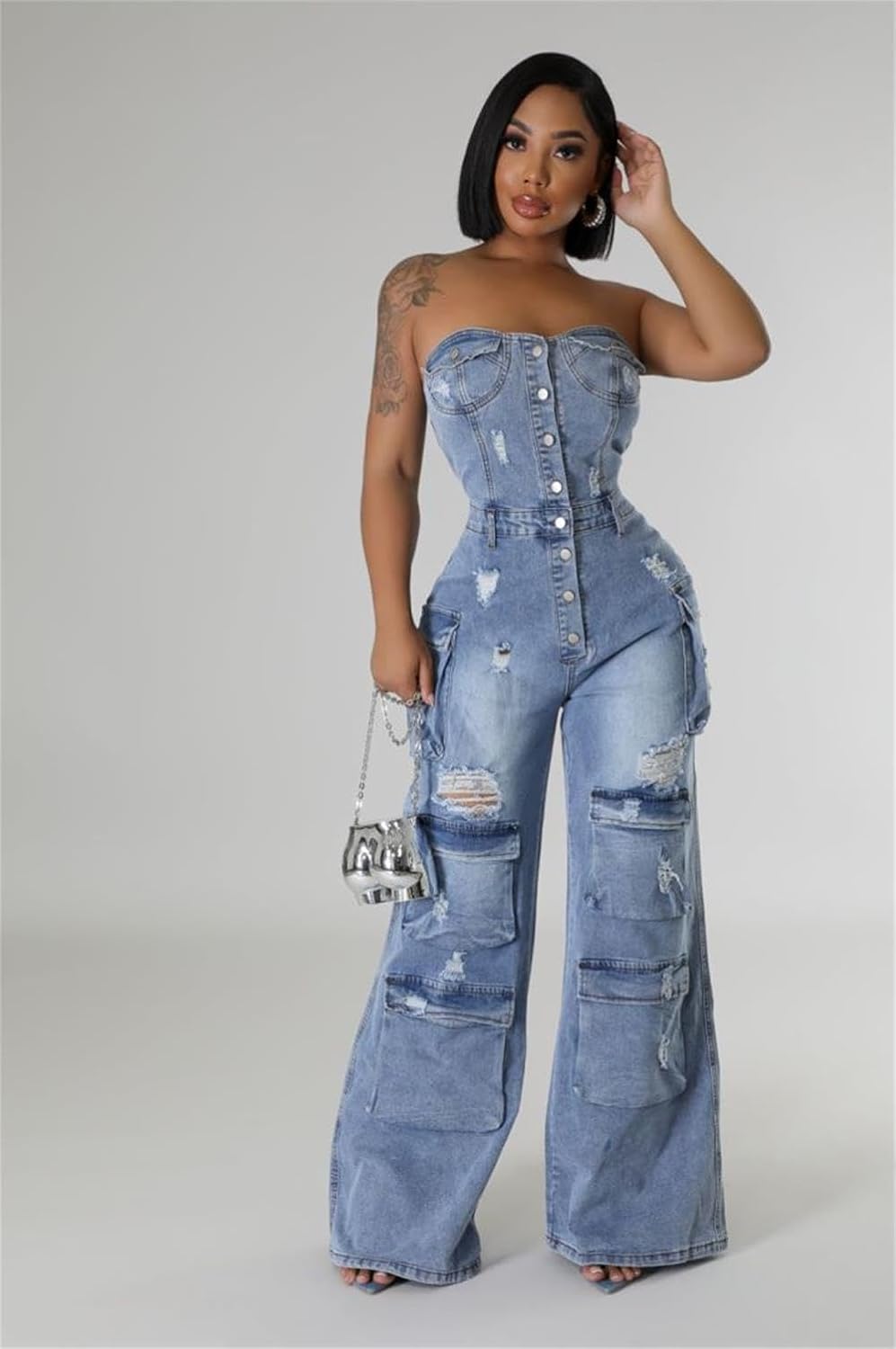 ksotutm Denim Jumpsuit for Women Strapless Multi Pockets Wide Leg Loose Baggy Jean Romper Cargo Overalls - Image 3