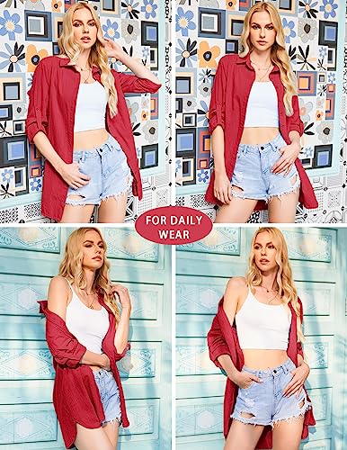 Image of HOTOUCH Women Boyfriend Shirts Button Down Long Sleeve Blouse Cuffed Sleeve Collared Shirt