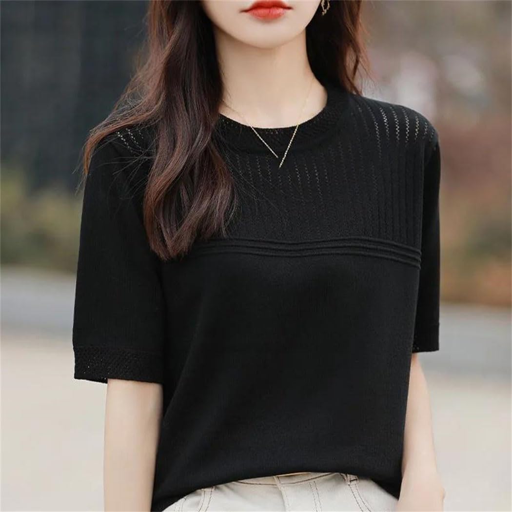 Women's Short Sleeve Knit Crewneck Sweater Solid Color Loose Fit Top Soft Ice Silk Thin Casual T-Shirt