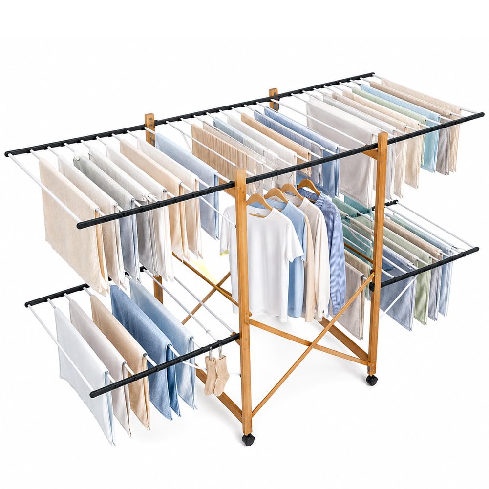 BAKAJI Tendedero Extensible para Exterior e Interior, Capacidad XXL, tendedero Plegable de 2 Niveles con alas Extensibles, tendedero Plegable para Ahorrar Espacio, Slim Extensible con 4 Ruedas