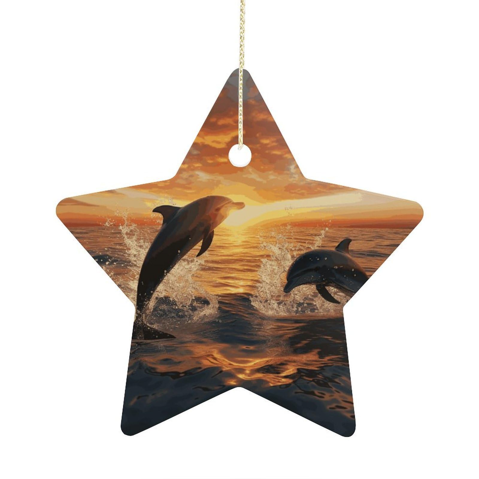 Dolphins Jumping Out of The Water at Sunset Stars Ornaments Ceramic Christmas Tree Hanging Light in Weight Christmas Star Pendants Funny Double-Sided Printed Xmas Ornaments for Gifts