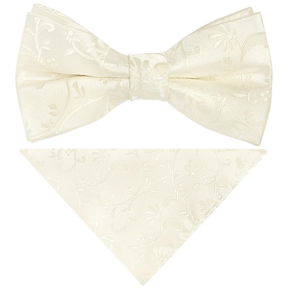 TIES R US Ivory Floral Handmade Mens Bow Tie and Pocket Square Set