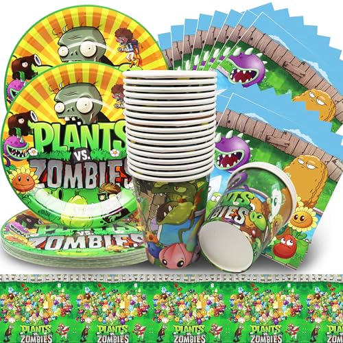Lot de 61 décorations de table d'anniversaire pour enfants, vaisselle d'anniversaire zombies, vaisselle de fête Greenery Game Assiettes, tasses, serviettes, nappes