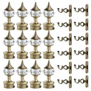 GRIVAN Single Diamond Aluminium Curtain Brackets Parda Holders with Support Fittings 1 Inch Rod Pocket Finials DesignerDoorandWindow(Antique, 6 Pair)