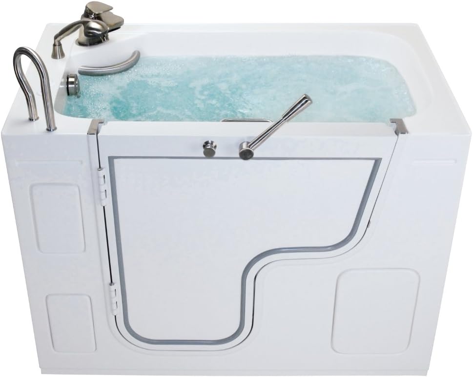 Ella Wheelchair Transfer Air & Hydro Massage Acrylic Walk In Bath (EOH51294L), Fast Drain, 29.75"W x 51.25"L (60" with Extension Panel) x 37.5"H, Left Side Door and Drain, White