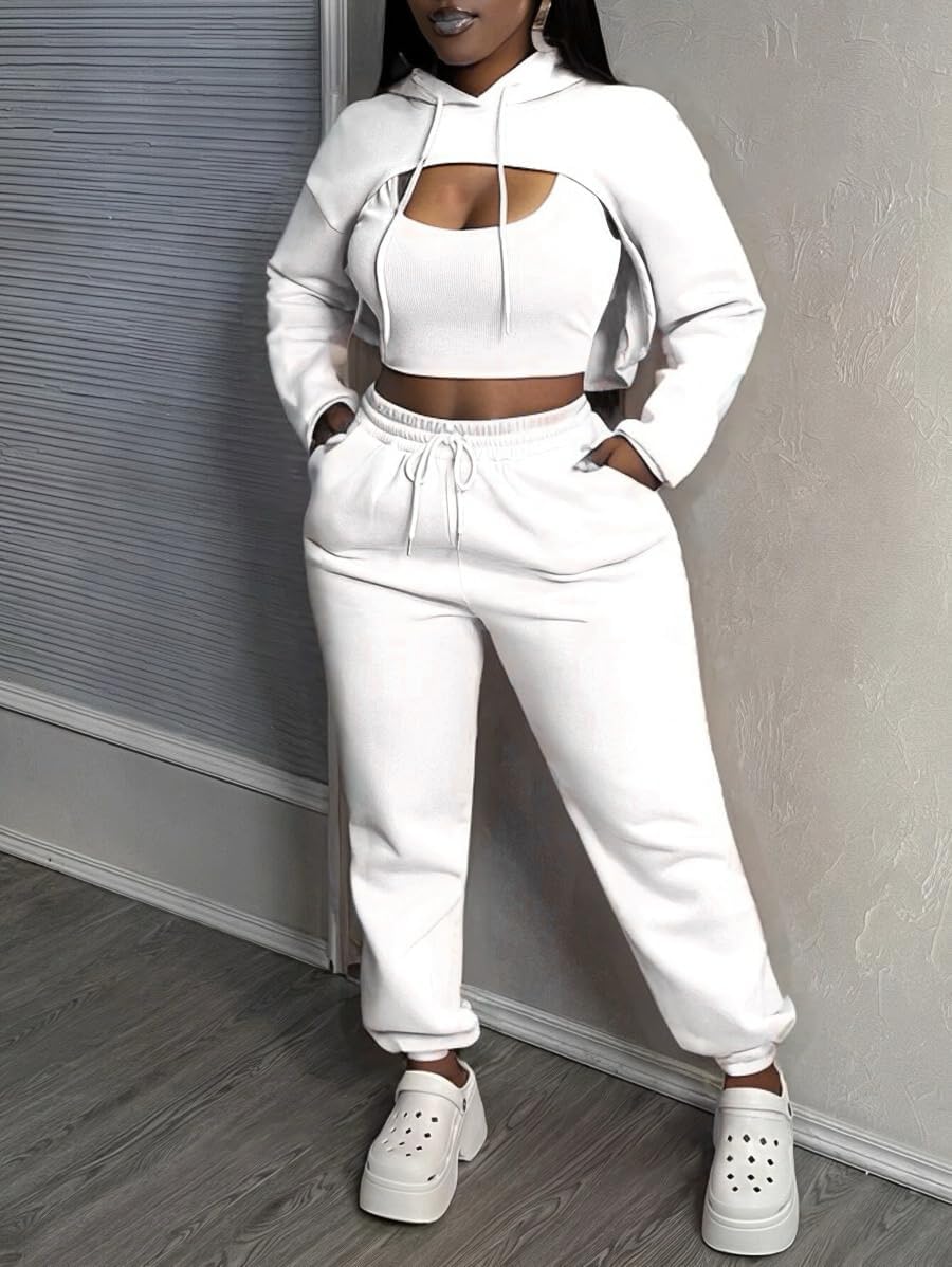 Women 3 Piece Sweatsuit Set Sexy Long Sleeve Pullover Cropped Hoodie Tank Top and Jogger Sweatpants Tracksuit - Image 3
