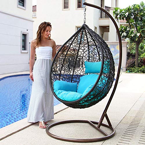 Island Gale Hanging Basket Chair Outdoor Front Porch Furniture with Stand and Cushion (Brown Wicker, Turquoise Cushion) Island Gale Hanging Basket Chair Outdoor Front Porch Furniture with Stand and Cushion (Brown Wicker, Turquoise Cushion)
