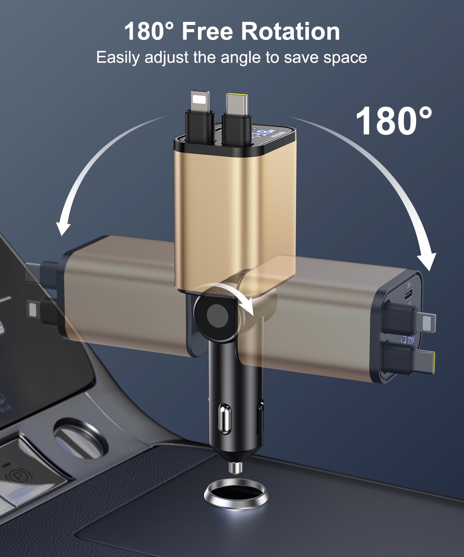 Gritin Retractable Car Charger, 69W Super Fast 4 in 1 USB C Car Charger Adapter with Smart Device-Adaptive Charging Technology& Current Display, Car Accessories for Phone, Android- Gold