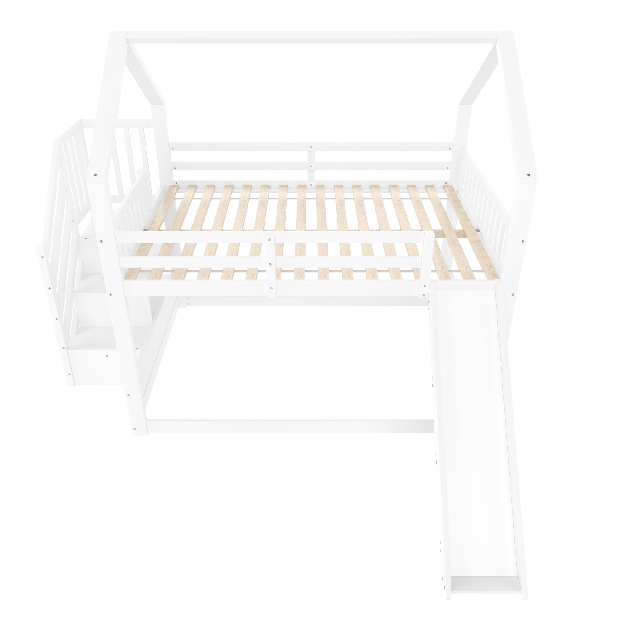 Etagenbett 140x200 cm, Hochbett mit Rutsche, Hausbett mit Dach, Kinderbett mit Treppe, Holzbett mit 1x Lattenrost, Jugendbett, Weiß, ohne Matratze