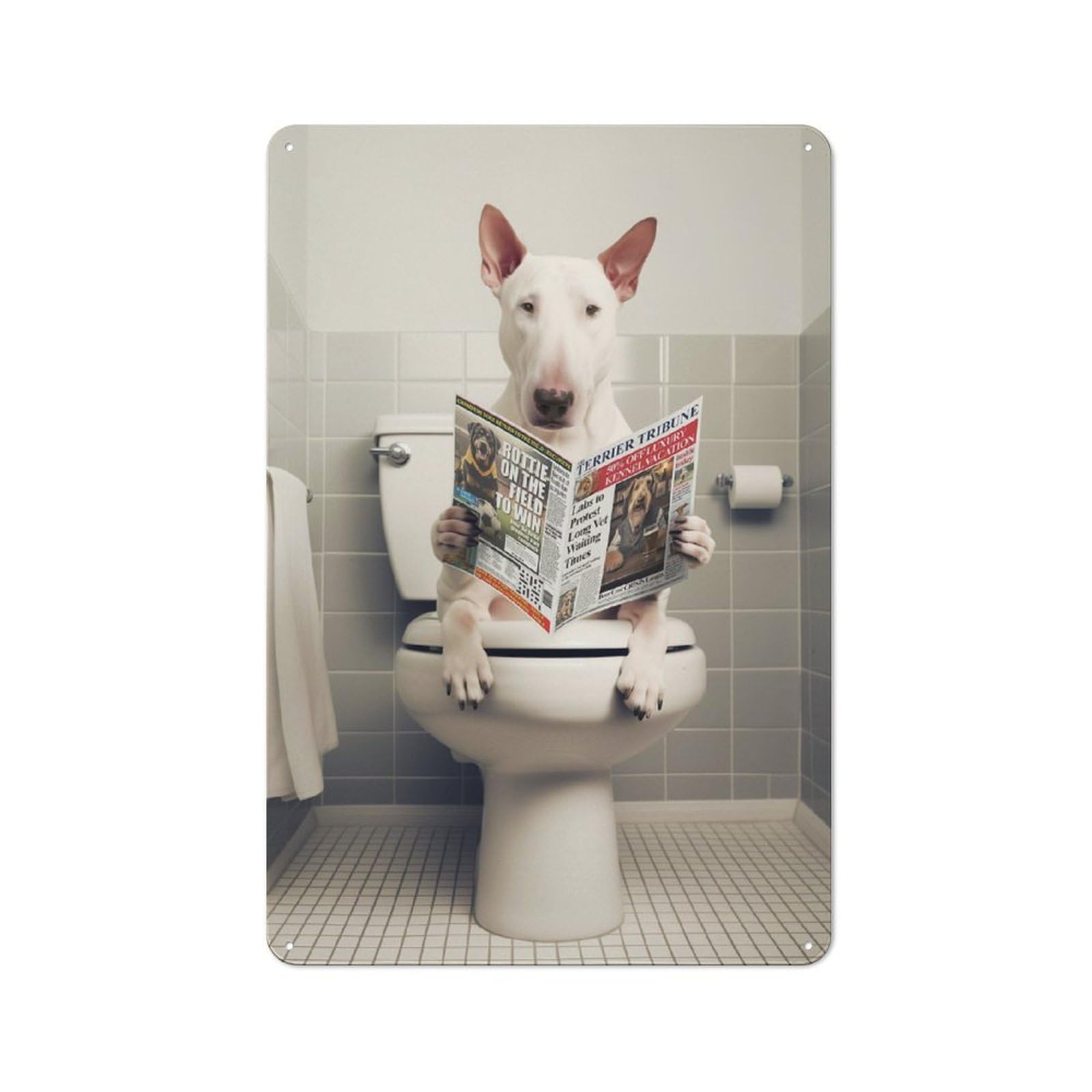 Junmoney Bull Terrier On The Toilet For Man Cave Or Games Room, Retro Tin Sign 30X20cm, A Christmas Gift For People Styling Man Cave And Games Room