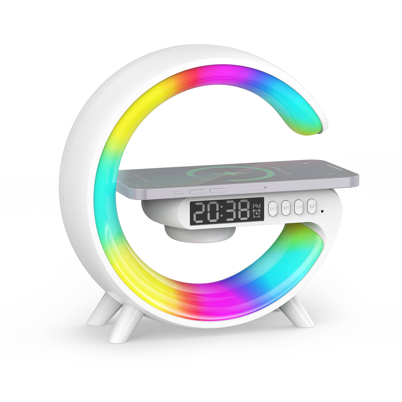 Smiling Shark Despertador Luz, Atmósfera Lampara Cargador Inalámbrico con Altavoz Bluetooth Botón Control 10 Modo de Luz Amanecer Simulación Inteligente LED Luces de Despertador para Decoración Hogar