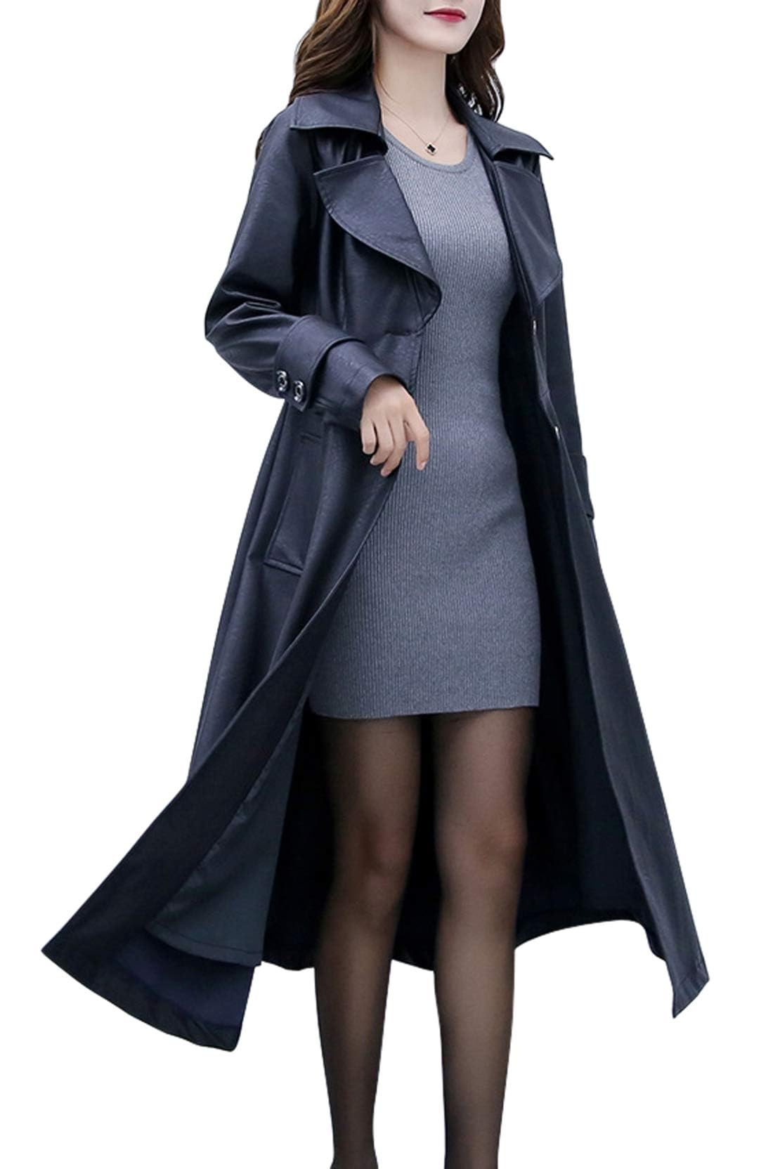ebossy Women's Elegant Lapel Collar 2 Button Fit-Flare Pu Leather Long Trench Coat-picture-46