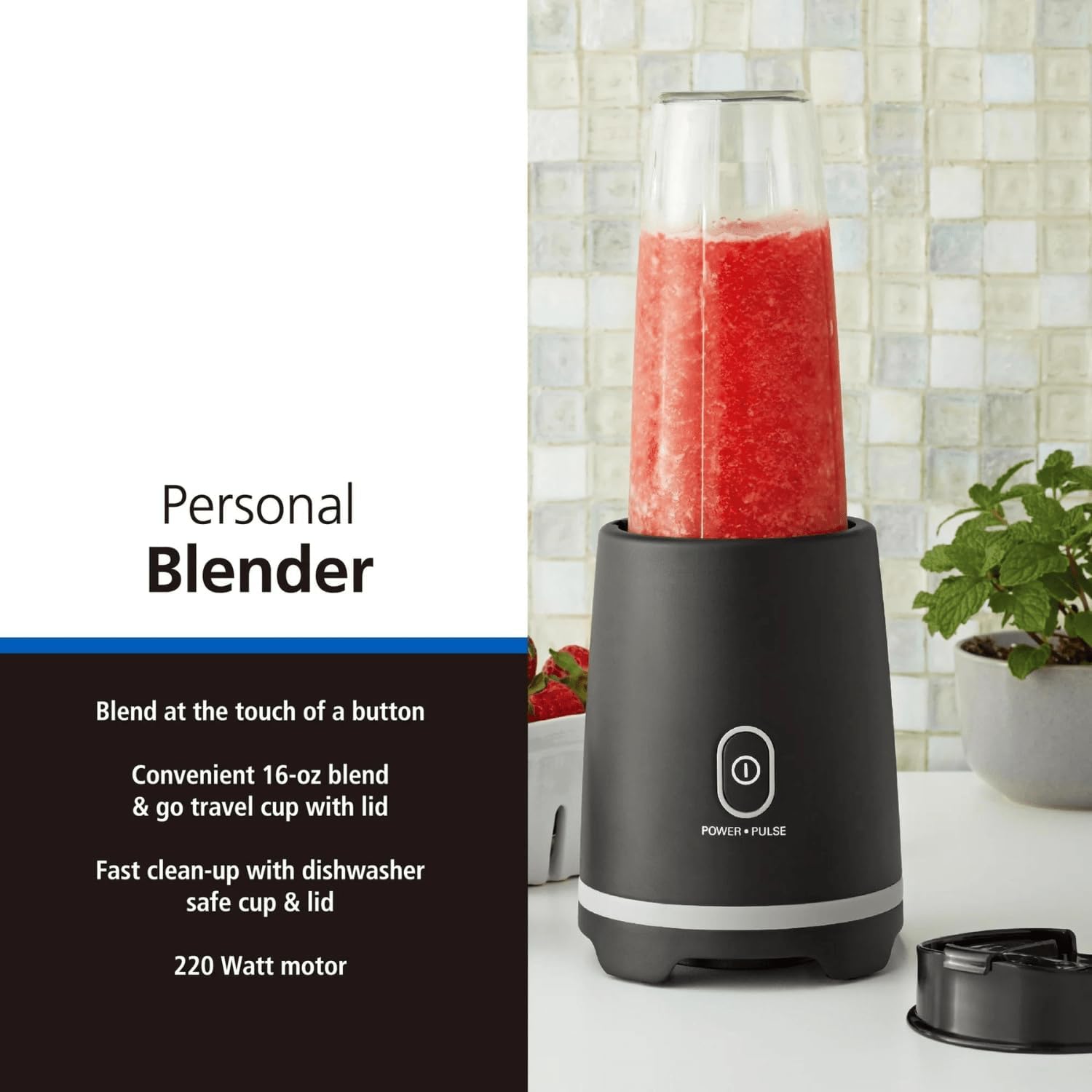 Black Single-Serve Blender with 1 Travel Lid, Portable Blender for Shakes and Smoothies, Stainless Steel Blades, 16 oz, New
