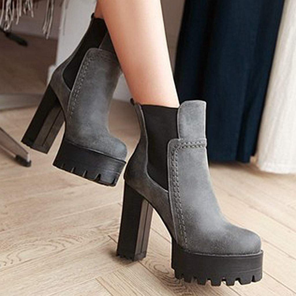 HINDOLA Women's High Heeled Ankle Booties Round Toe Casual Slip on Knight Boots Stretch Casual Platform Ankle Boots