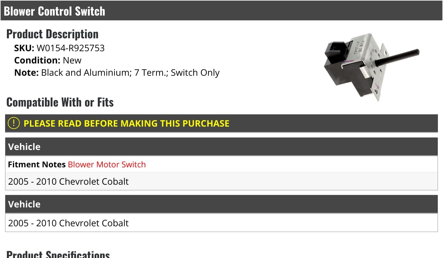 Marketplace Auto Parts Blower Control Switch - Compatible with 2005-2010 Chevy Cobalt, Black
