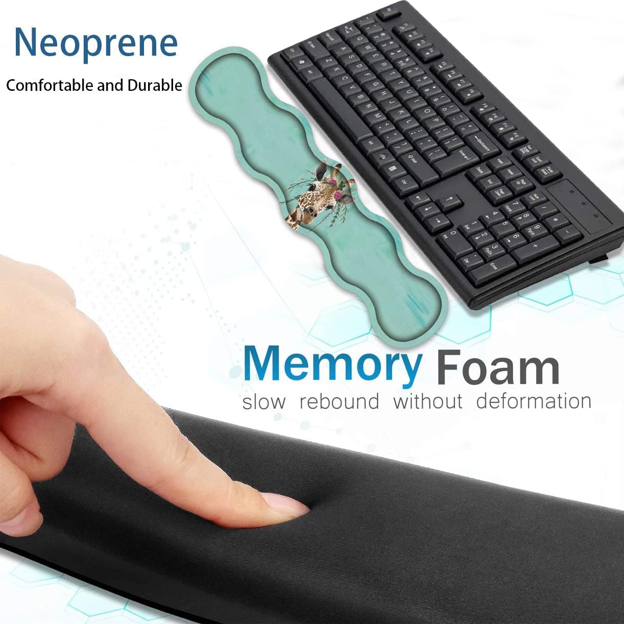 Keyboard Wrist Rest + Mouse Wrist Rest + Coaster + Invisible Hook Set, Ergonomic Mouse Pad, Wrist Pain Relief and Non-Slip Base Design, Suitable for Office and Home, Green Rustic Wood and Giraffe