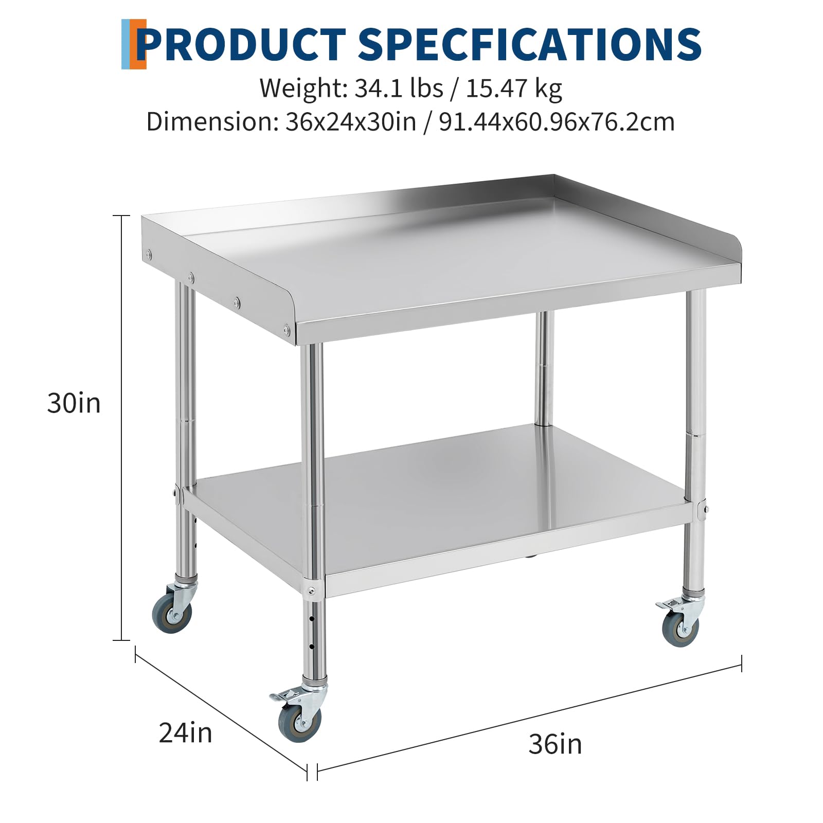 Tavolo carrello barbecue in acciaio inox certificato NSF - Ruote robuste, paraspruzzi rimovibile, altezza regolabile, uso multifunzione - Portata 400 kg - Per cucina, ristorante, garage
