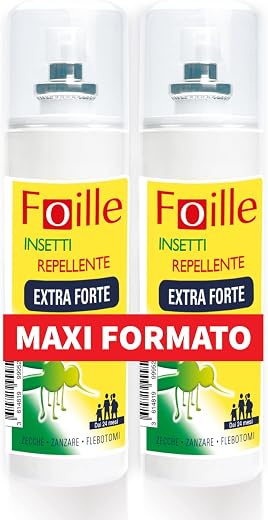 Foille Insetti Repellente Extra Forte, DEET 50%, Spray contro zanzare anche vettori del virus dengue, west nile e zika, contro zecche e flebotomi, efficacia fino a 16 ore, due confezioni da 100 ml
