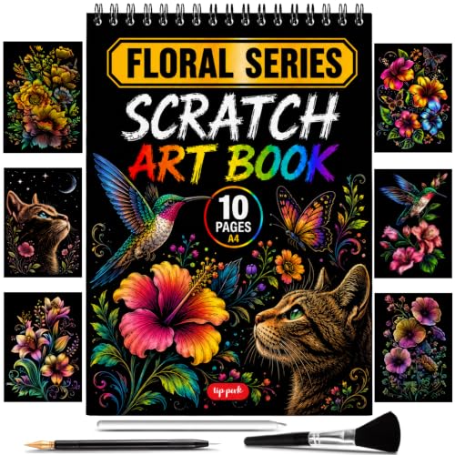 Image of Scratch Art Book for Adults - Floral Series, 10 Rainbow Art and Crafts for Adults