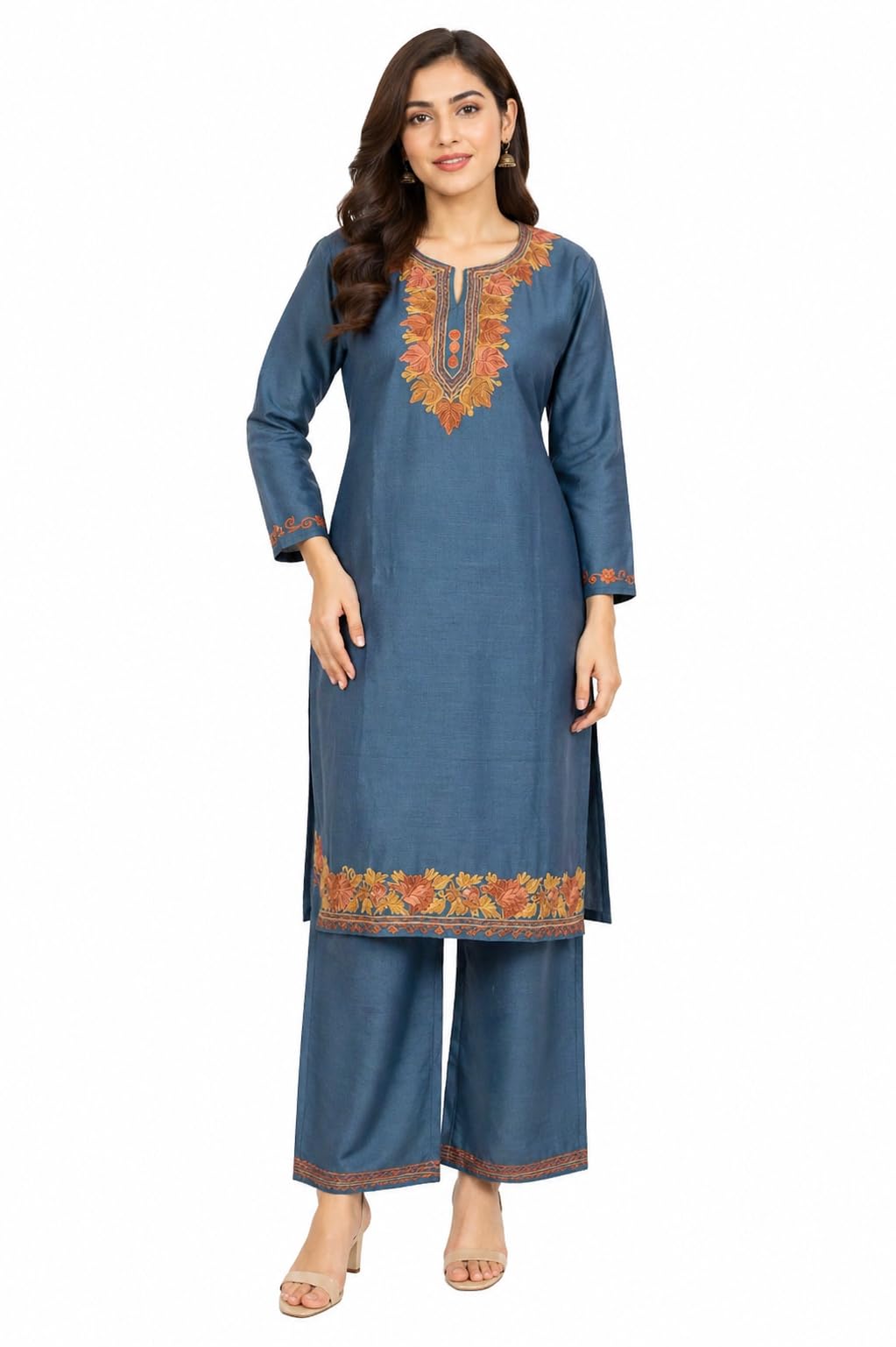 Corset with aari work for women, kashmiri traditional Aari embroidered cotton co-ord set, kurta and plazzo with beautiful aari embroidery for women (free size).-image-43