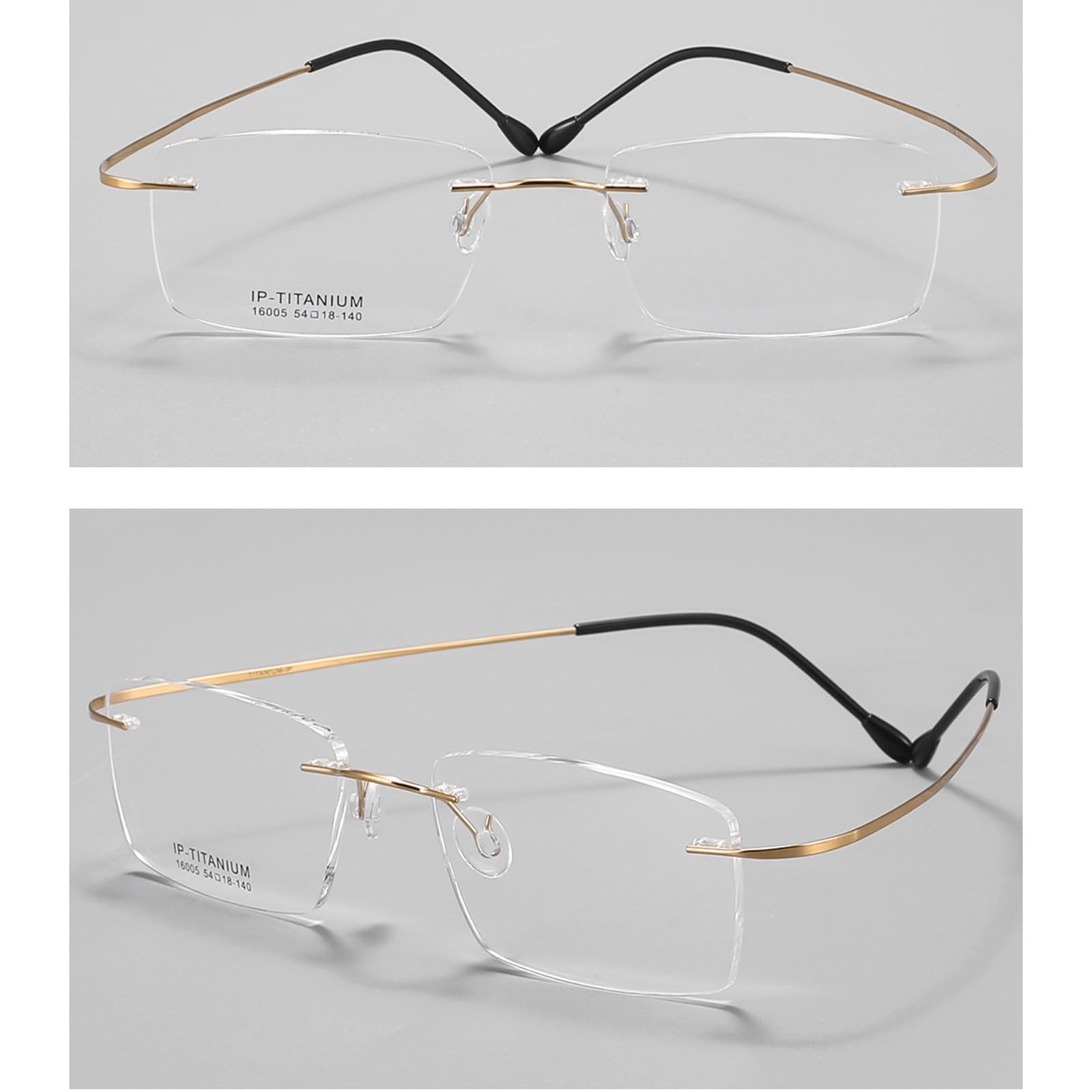 Ultraleichte Brillengestelle, elastische, Nicht verschreibungspflichtige Brillen, Brillen aus reinem Titan for Computer, randlose Unisex-Mode(Golden)