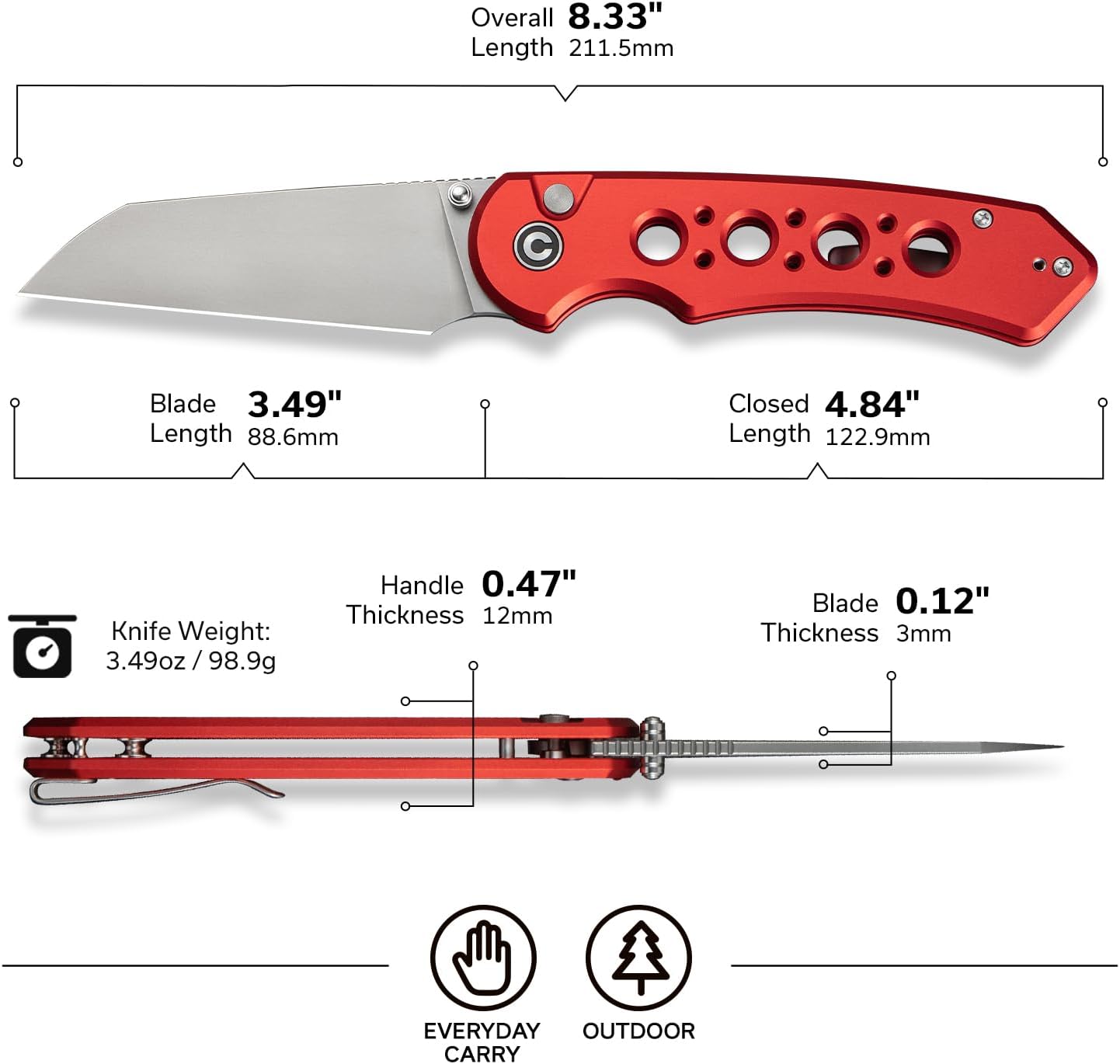 CIVIVI Pragma Prime Pocket Knife for EDC, 3.49" 14C28N Blade Aluminum Handle with Reversible Clip, Camping Hiking Folding Knife for Men Women C24067-2, Red