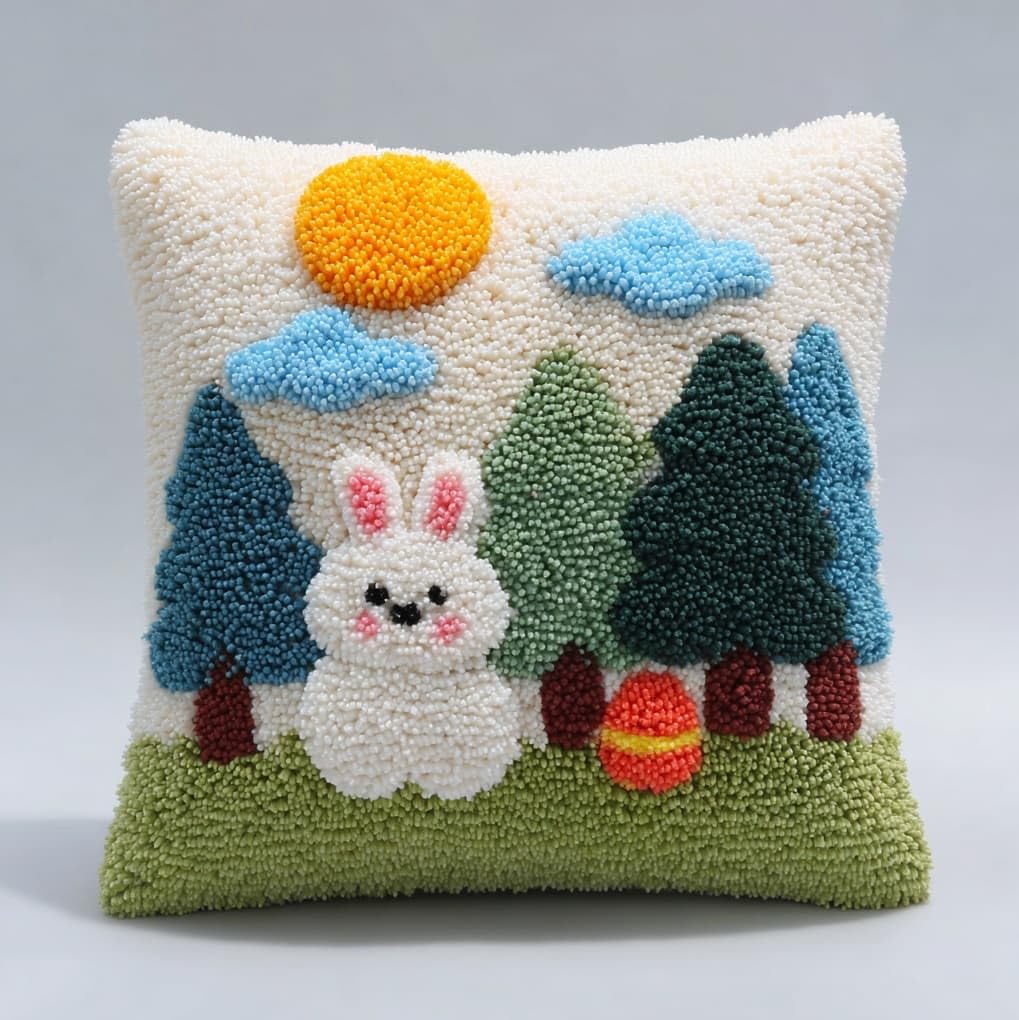 WallustrioaW DIY Latch Hook Kits for Adults,Animal Rabbit,Pillow Cover Kit Needlework Cushion Cover Hand Craft Crochet for Home Sofa Decorations,17x17in