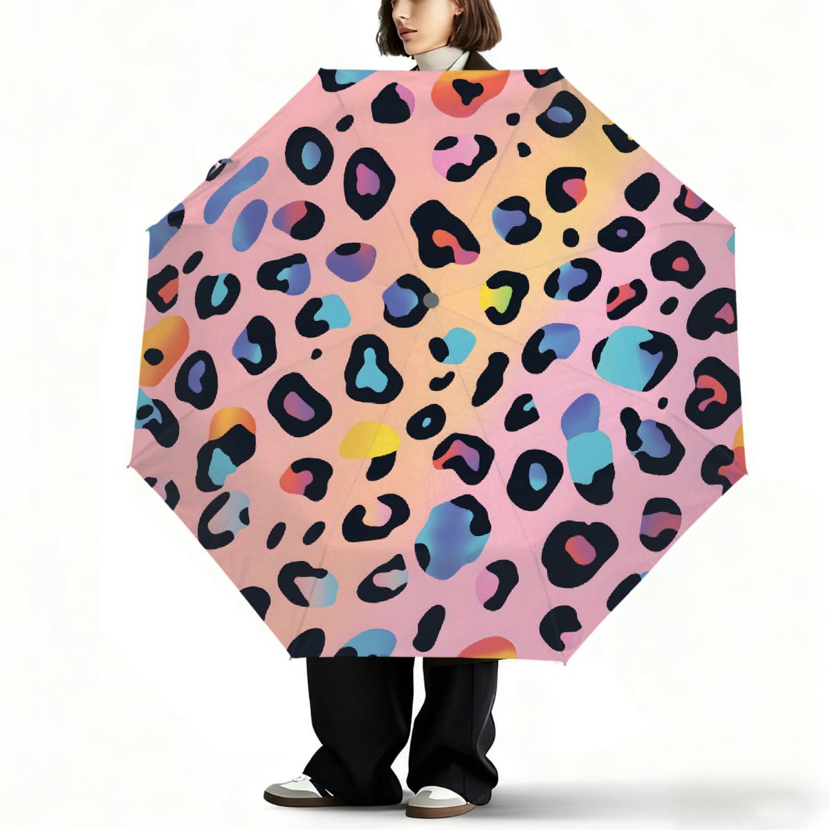 Ombrello pieghevole con stampa leopardata colorato ombrello da viaggio compatto antivento impermeabile con protezione UV rivestimento nero leggero 8 coste portatile per pioggia sole