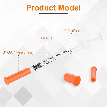 0.5ml/cc Syringe U-100 31G 1/4 Inch(6mm) Scientific Lab Syringe, Individually Wrapped Pack of 100