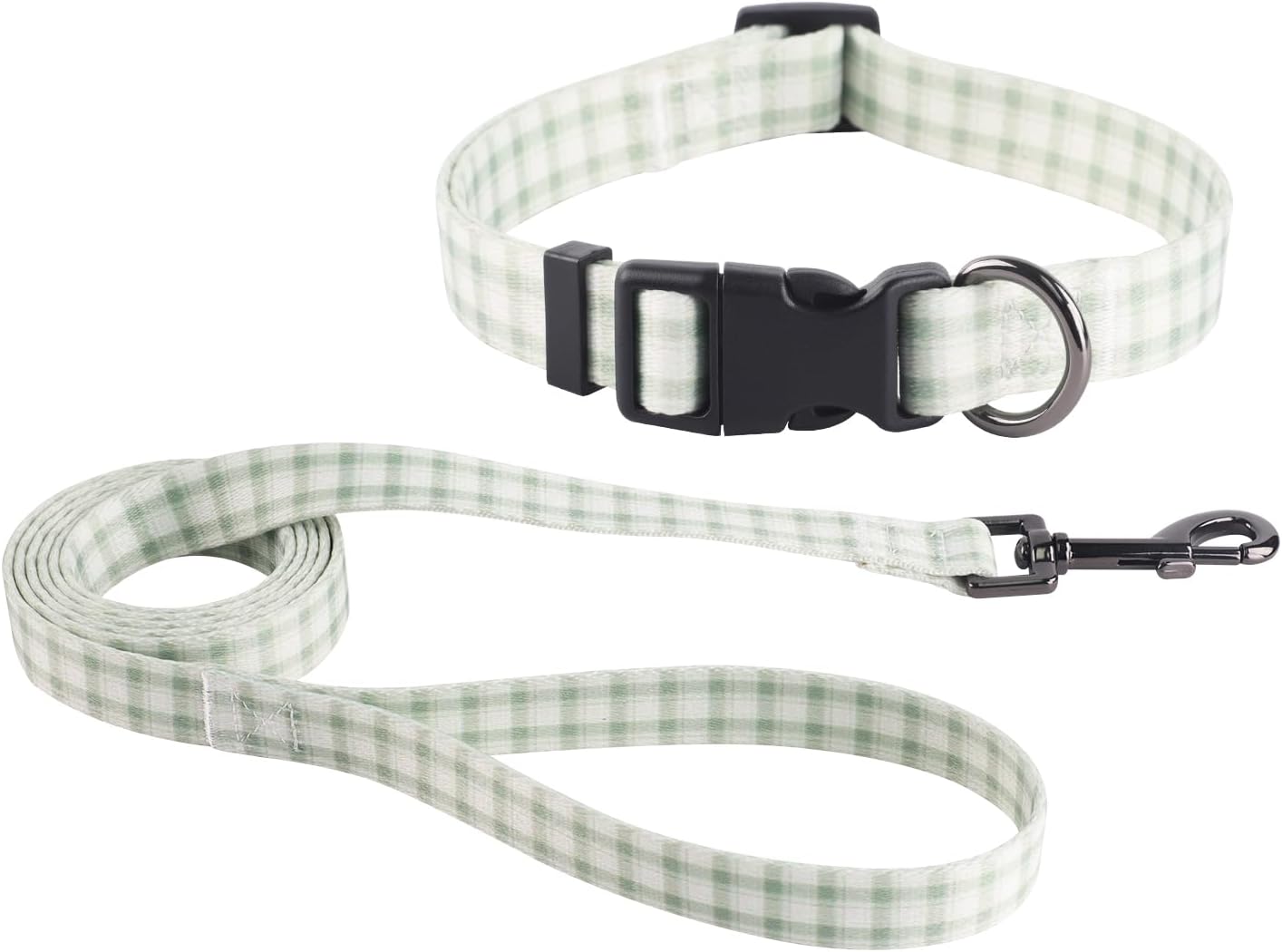 Dog Collar and Lead Set, Adjustable Plaid Pattern Collar with 1.5m Leash, Training Equipment for Small Dogs, Green and White Gingham Design (S, light green square)