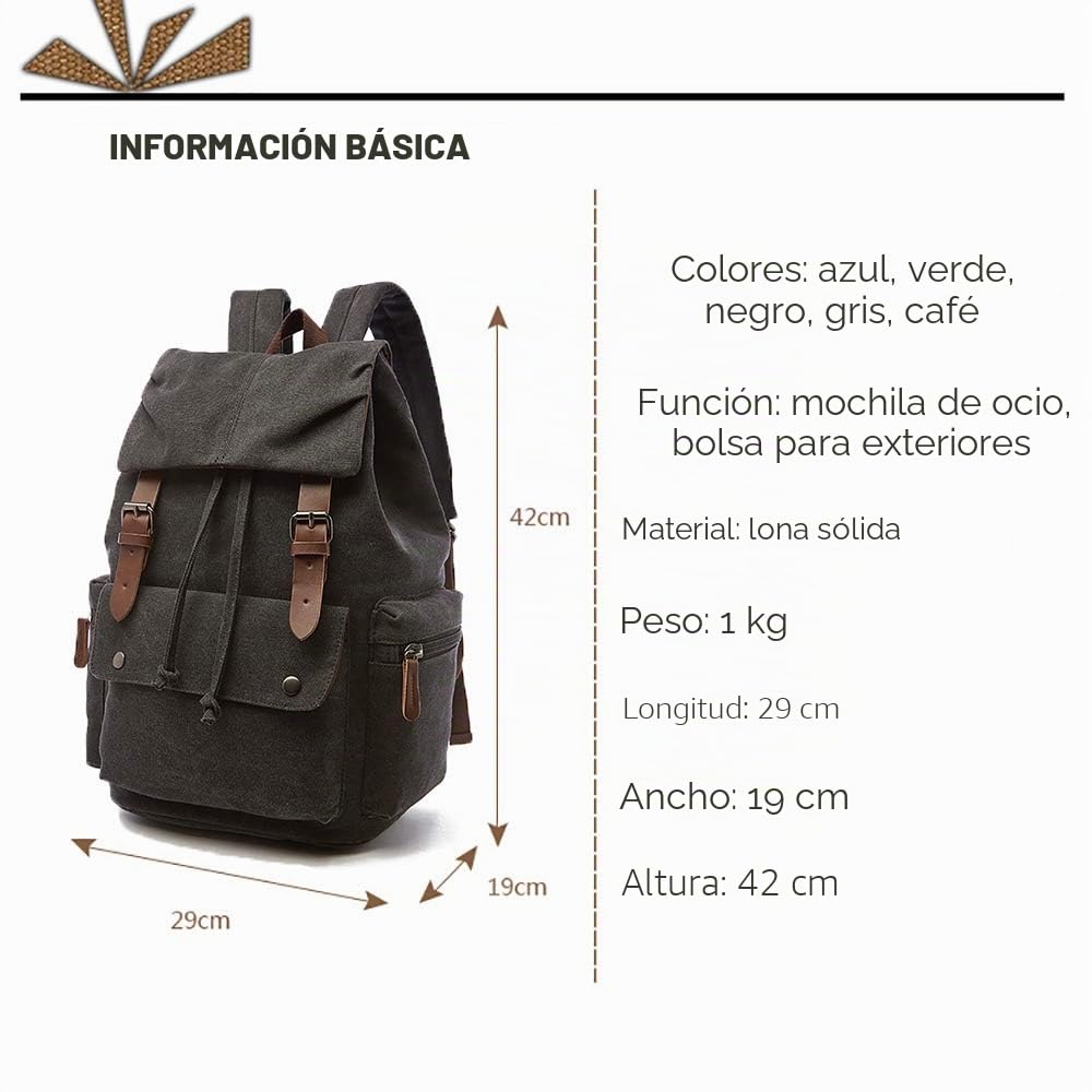 Mochila de Lona Vintage para portátiles Mochilas de Viaje Bolsa de Gran Capacidad Unisex (Negro)