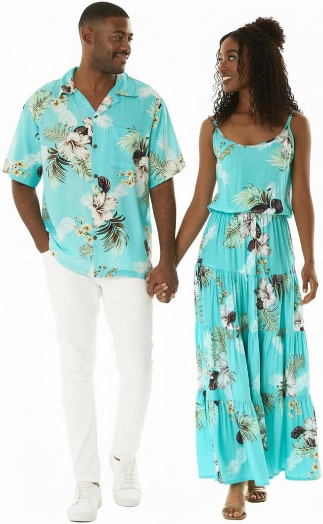 Matchable Couple Hawaiian Luau Shirt or Maxi Tiered Dress in Pineapple Garden Turquoise