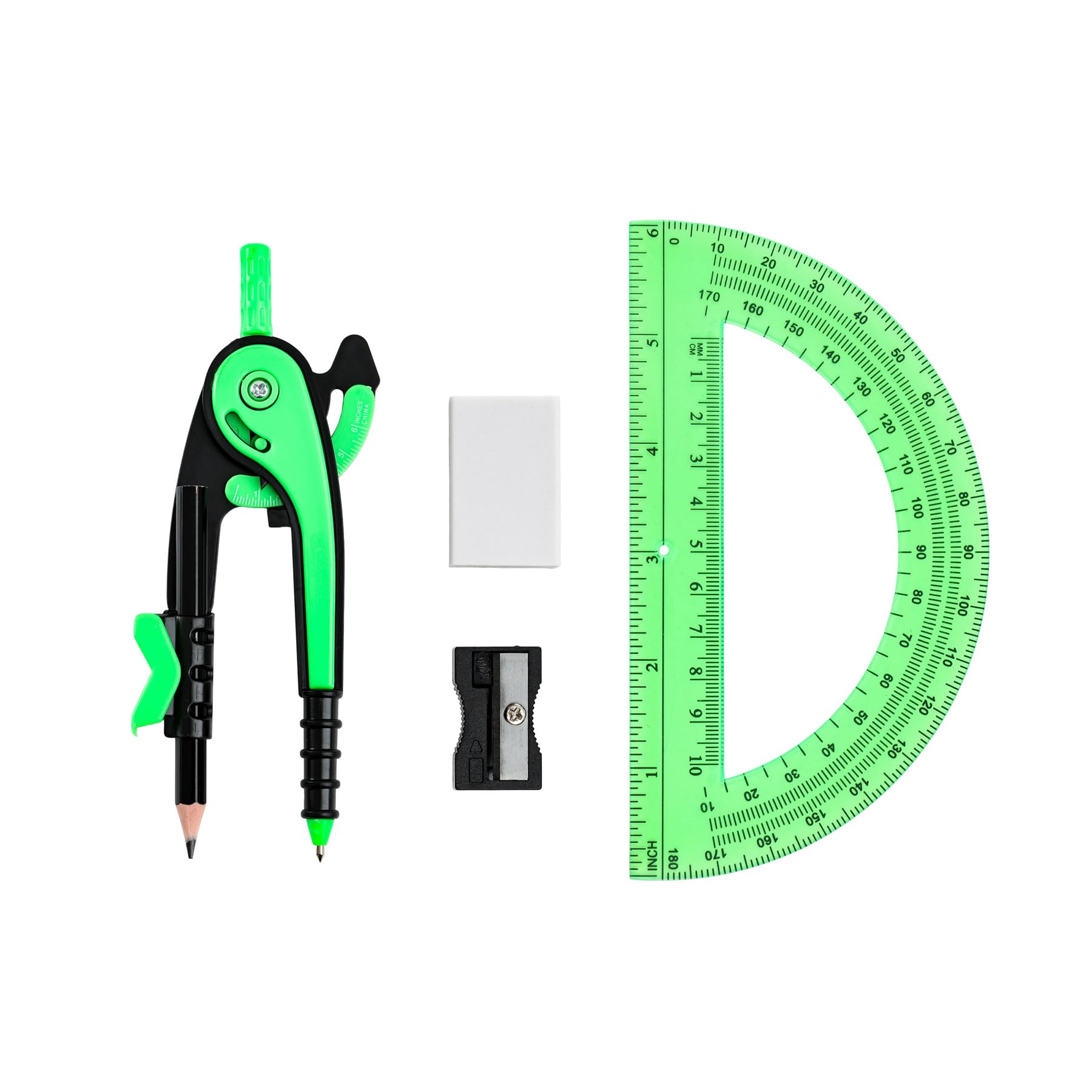 Unjoo Compass for Geometry Set, 6 Inch Clear Protractor (Dark Green)