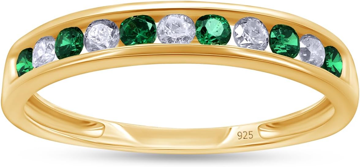 Round Cut Simulated Green Emerald And White Natural Diamond Stackable Wedding Band Ring In 14K Gold Over Sterling Silver (Clarity : I2-I3,Color : I-J, 0.27 Cttw)