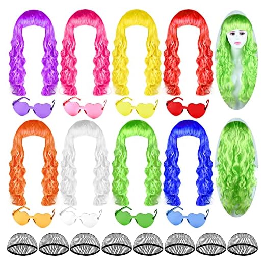 Bouiexye 24 Pieces Colorful Long Curly Wigs Wavy Party Wigs Curly Cosplay Costume Wig for Women Party Décor Bachelorette