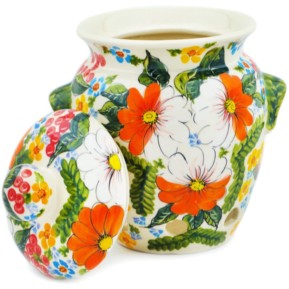 Authentic Polish Pottery 8½-inch Garlic and Onion Jar (Summer Walk Theme) Signature UNIKAT + Certificate of Authenticity