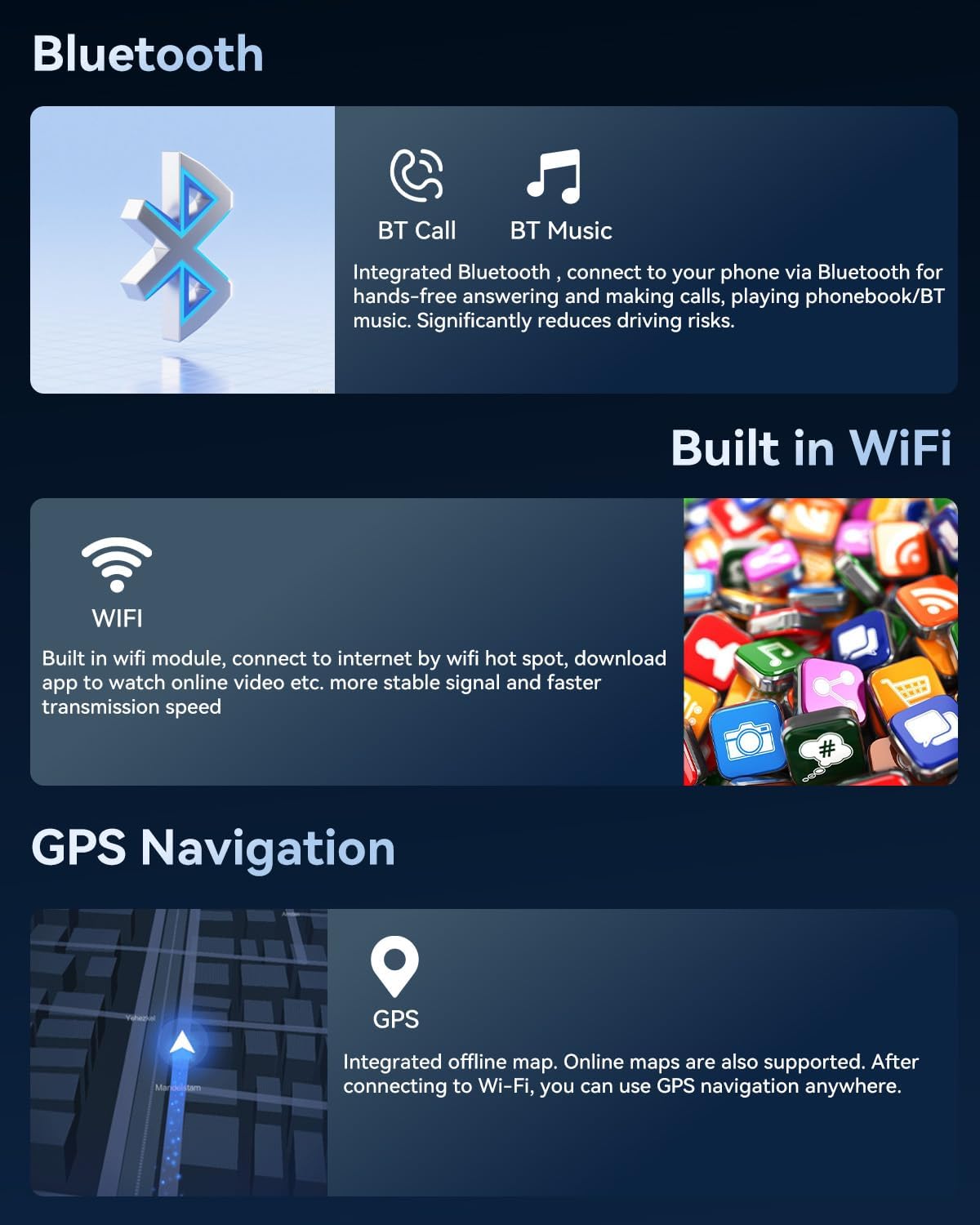 Graphics illustrating Bluetooth connectivity for calls and music, built-in WiFi for internet access, and GPS navigation features.