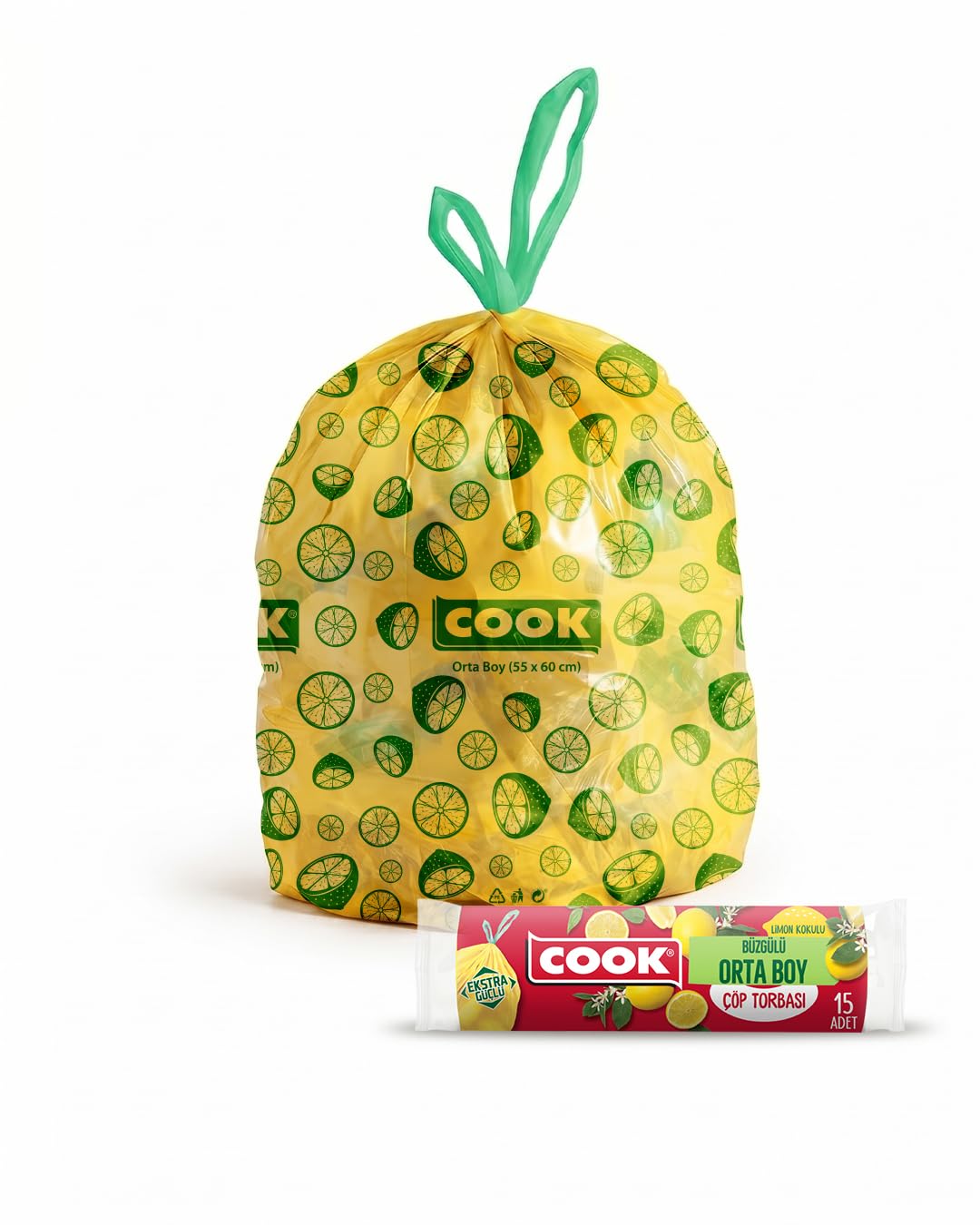 Cook Büzgülü Çöp Torbası, Orta Boy, 55 x 60 cm, 15 Yaprak, Limon Kokulu, Sarı